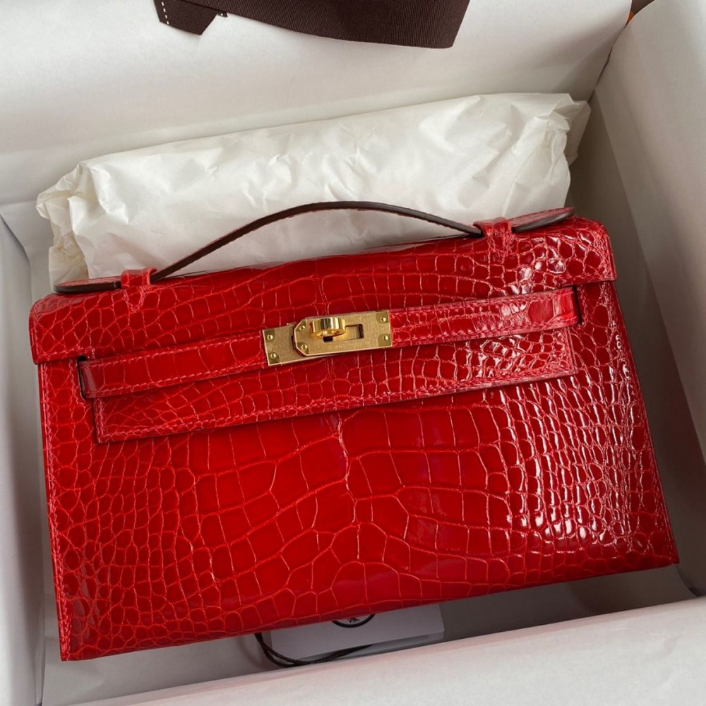 High Quality Replica Hermes Kelly Pochette Handmade Bag In Red Shiny Alligator Leather $ 4889 USD